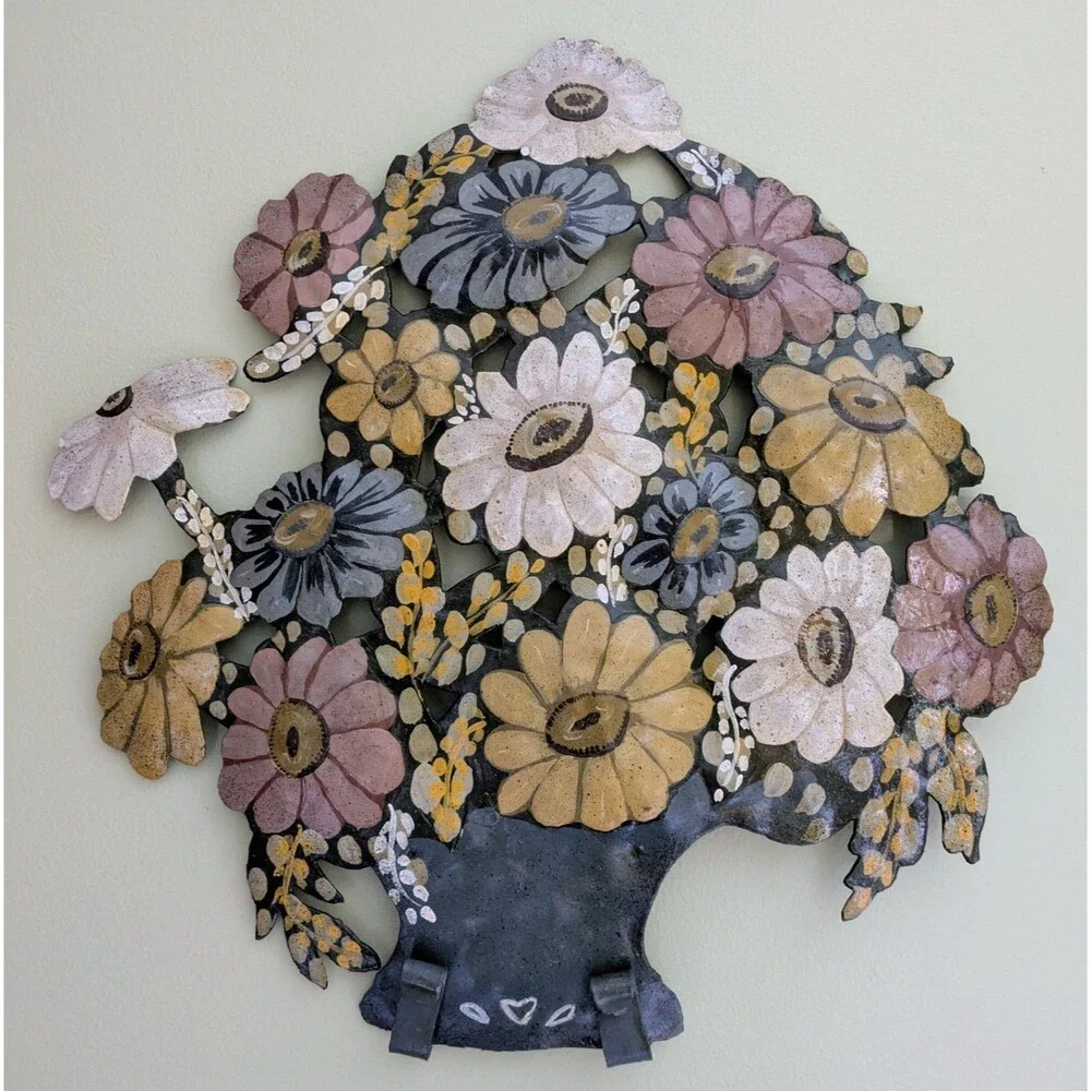 Vintage MCM Metal Enamel Toleware Tole Flower Floral Wall Hanging Cottagecore